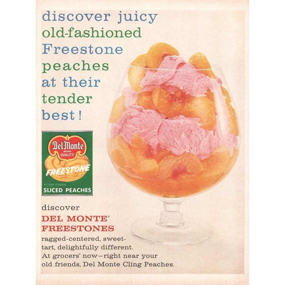 1960 Del Monte Canned Sliced Peaches Vintage Print Ad Sundae Dessert Fruit Art